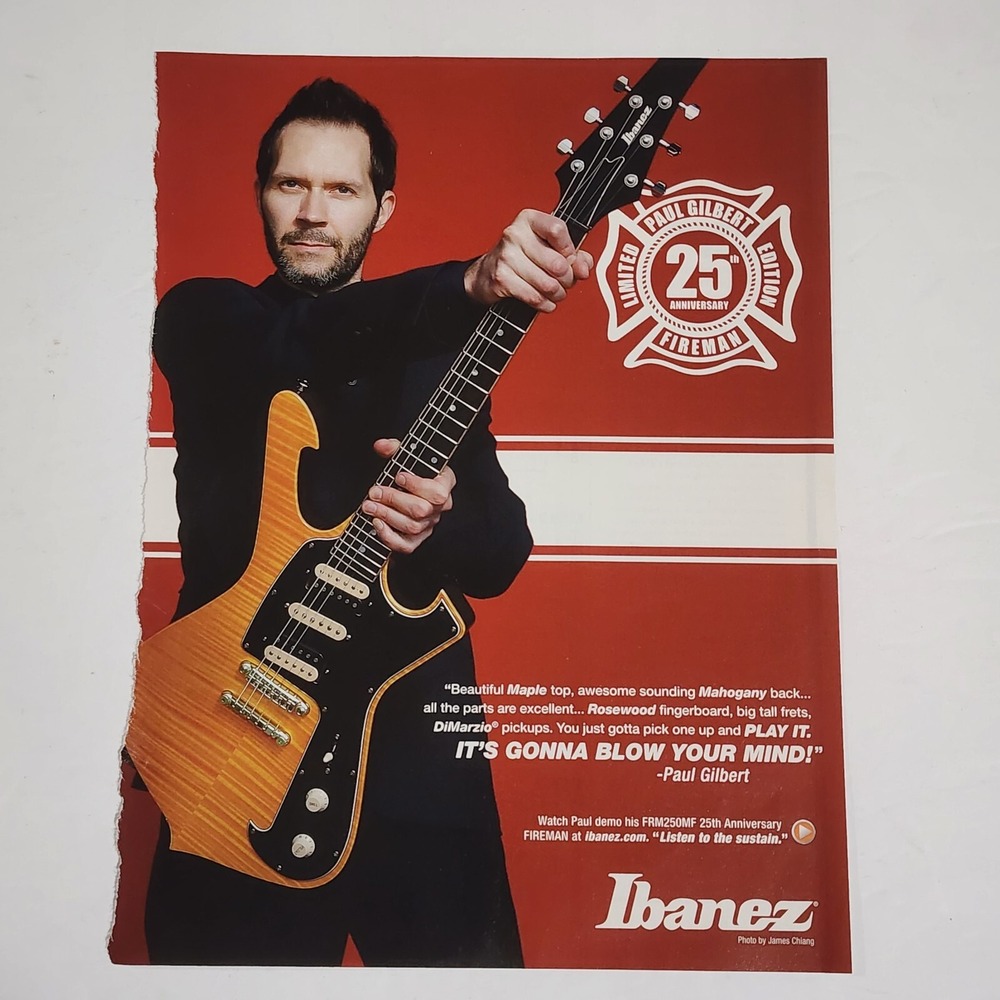 Paul Gilbert Ibanez Fireman Guitar 2014 Print Ad Magazine Clipping 8x10.5